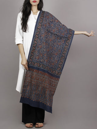Indigo Maroon Ivory Black Mughal Nakashi Ajrakh Hand Block Printed Cotton Stole - S63170125