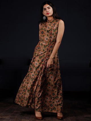 Peanut Brown Green Hand Block Printed Princess Line Stand Collar Dress - D40F1318