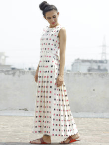 Ivory Pink Black Long Sleeveless Handwoven Double Ikat Dress With Knife Pleats & Side Pockets - D32F797