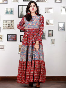 Indigo Red Beige Pink Hand Block Printed Long Cotton Tier Dress  -  D95F1379