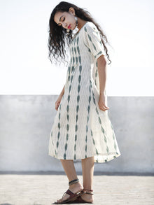 Ivory Moss Green Hand Woven Ikat Cotton Dress With Front Box Pleats  - D196F744