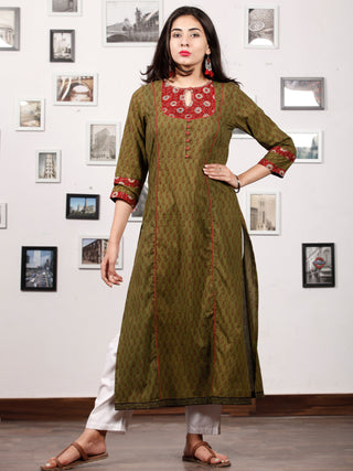 Olive Green Maroon Bagh Printed Kurta in Natural Colors - K126F1699