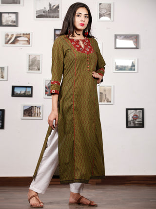 Olive Green Maroon Bagh Printed Kurta in Natural Colors - K126F1699