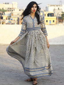 Naaz Ivory Blue Hand Block Printed Long Cotton Gather & Stand Collar Dress  - DS03F001