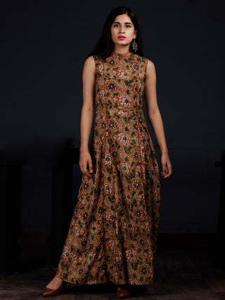 Peanut Brown Green Hand Block Printed Princess Line Stand Collar Dress - D40F1318