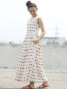 Ivory Pink Black Long Sleeveless Handwoven Double Ikat Dress With Knife Pleats & Side Pockets - D32F797