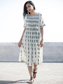 Ivory Moss Green Hand Woven Ikat Cotton Dress With Front Box Pleats  - D196F744
