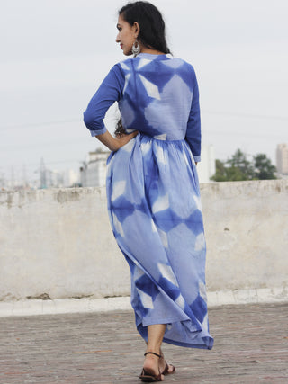 Naaz Saaj - Cobalt Blue Indigo White Tie Dye Full Length Dress With 3/4 Sleeves And Gathers   - DS29F001