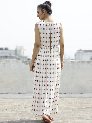 Ivory Pink Black Long Sleeveless Handwoven Double Ikat Dress With Knife Pleats & Side Pockets - D32F797