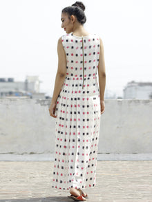 Ivory Pink Black Long Sleeveless Handwoven Double Ikat Dress With Knife Pleats & Side Pockets - D32F797