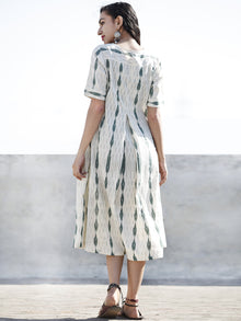 Ivory Moss Green Hand Woven Ikat Cotton Dress With Front Box Pleats  - D196F744