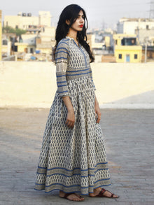 Naaz Ivory Blue Hand Block Printed Long Cotton Gather & Stand Collar Dress  - DS03F001