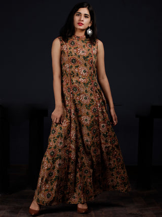 Peanut Brown Green Hand Block Printed Princess Line Stand Collar Dress - D40F1318