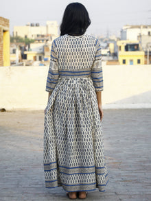 Naaz Ivory Blue Hand Block Printed Long Cotton Gather & Stand Collar Dress  - DS03F001