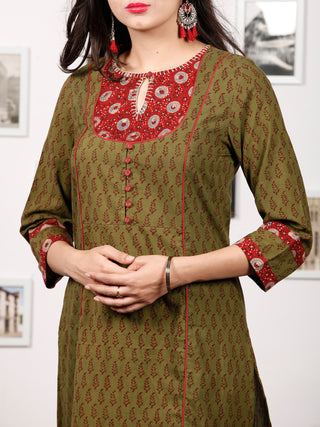 Olive Green Maroon Bagh Printed Kurta in Natural Colors - K126F1699