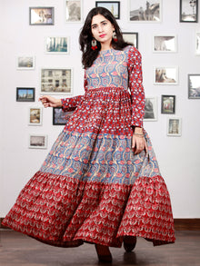 Indigo Red Beige Pink Hand Block Printed Long Cotton Tier Dress  -  D95F1379