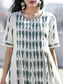 Ivory Moss Green Hand Woven Ikat Cotton Dress With Front Box Pleats  - D196F744