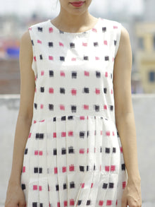 Ivory Pink Black Long Sleeveless Handwoven Double Ikat Dress With Knife Pleats & Side Pockets - D32F797