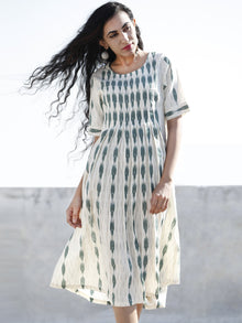 Ivory Moss Green Hand Woven Ikat Cotton Dress With Front Box Pleats  - D196F744