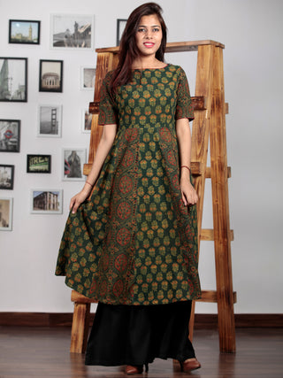 Pine Green Yellow Red Black Ajrakh Hand Block Printed Kurta  - K64BP0132