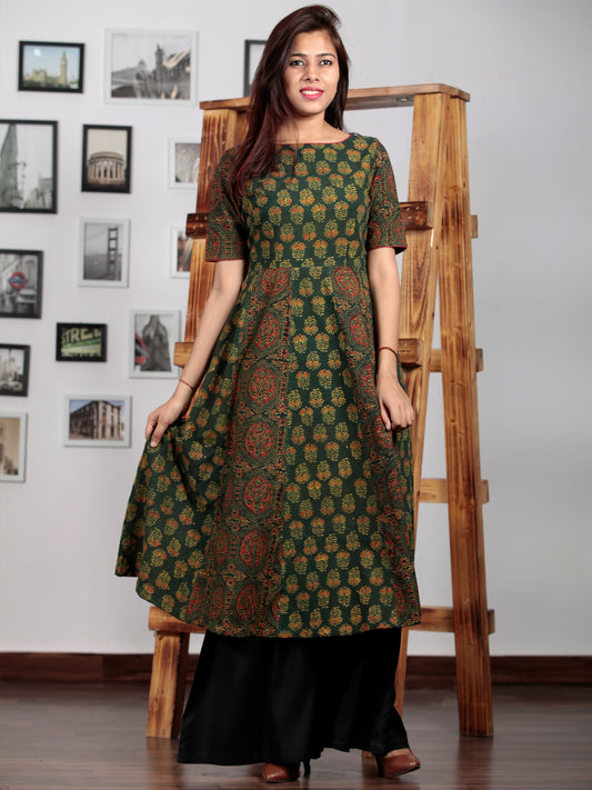 Pine Green Yellow Red Black Ajrakh Hand Block Printed Kurta  - K64BP0132