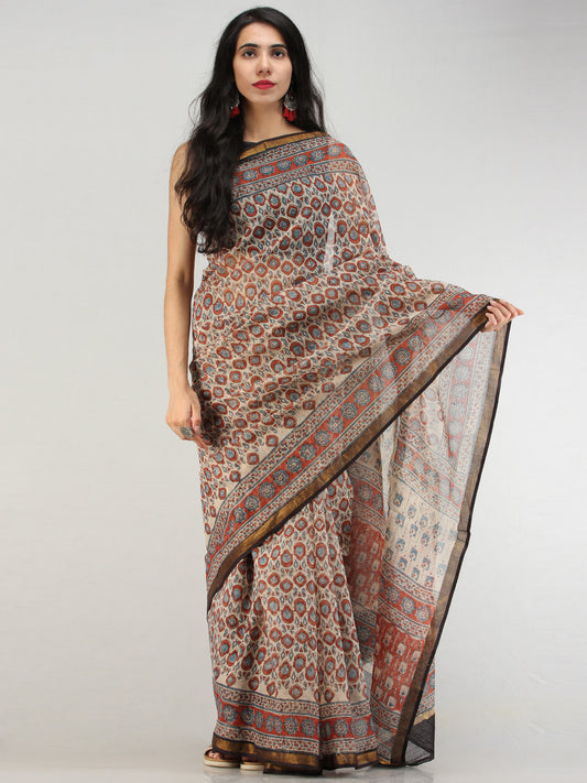 Beige Rust Indigo Hand Block Printed Kota Doria Saree In Natural Colors - S031704568