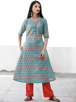 Sky Blue Peach Hand Block Printed Cotton Kurta - K175F1931