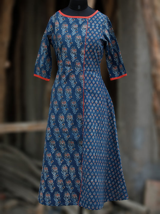 Indigo Rust Black Ivory Ajrakh Hand Printed Kurta With Front Slit - K61B070