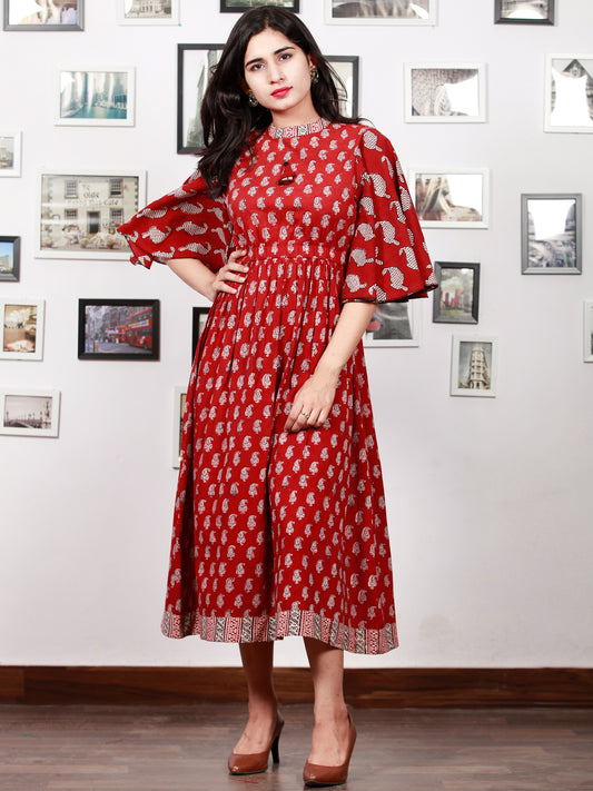 Maroon Beige Black Bagh Printed Cotton  Dress With Bell Sleeves - D301F1695