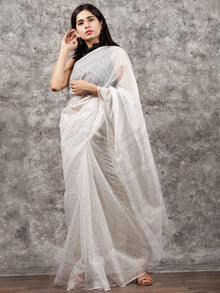 White Hand Block Printed Kota Doria Saree in Natural Colors With Golden Highlighting - S031703150