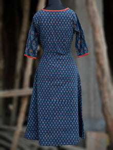 Indigo Rust Black Ivory Ajrakh Hand Printed Kurta With Front Slit - K61B070