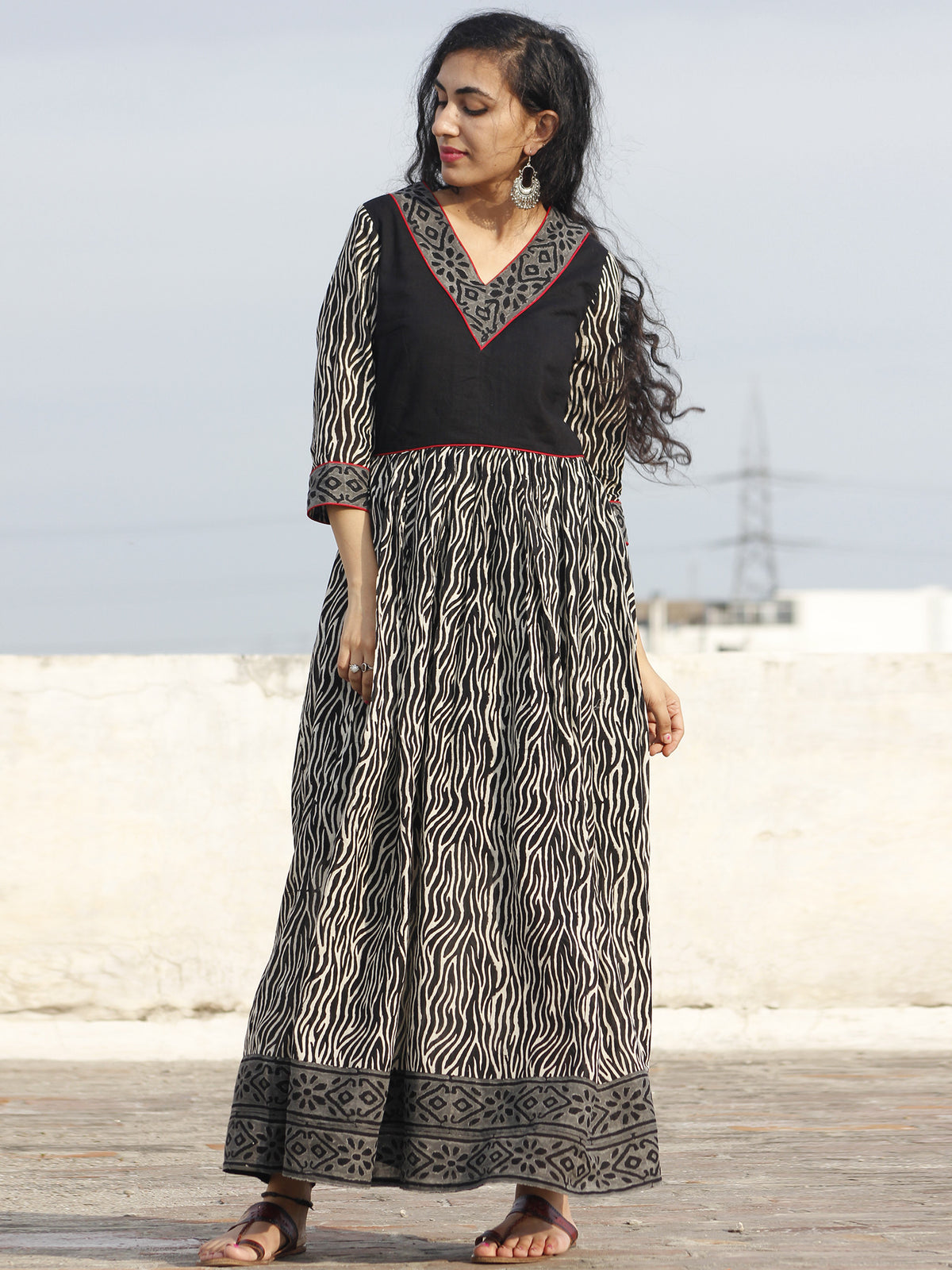 Naaz Nisha - Black Ivory Grey Maroon Hand Block Printed Dress With Gathers -  DS31F001