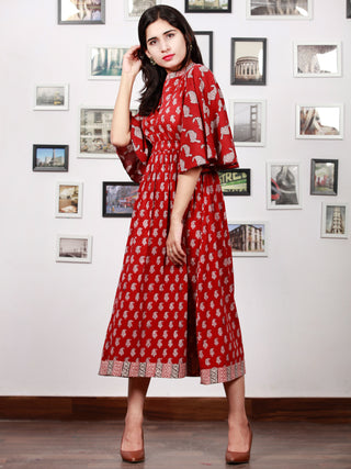 Maroon Beige Black Bagh Printed Cotton  Dress With Bell Sleeves - D301F1695