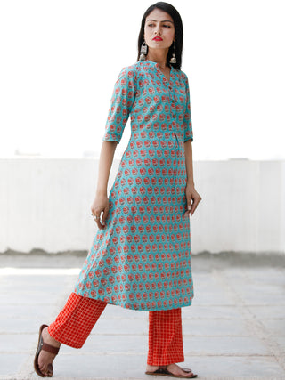 Sky Blue Peach Hand Block Printed Cotton Kurta - K175F1931