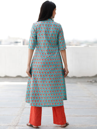 Sky Blue Peach Hand Block Printed Cotton Kurta - K175F1931