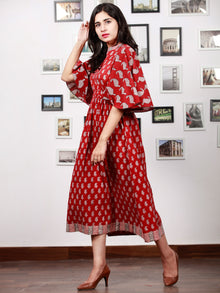 Maroon Beige Black Bagh Printed Cotton  Dress With Bell Sleeves - D301F1695