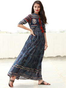 Naaz Indigo Rust Beige Hand Block Printed Long Cotton Dress with Tassels - DS14F003