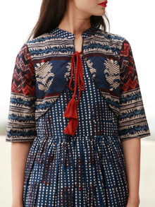 Naaz Indigo Rust Beige Hand Block Printed Long Cotton Dress with Tassels - DS14F003