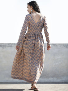 Peach Grey Handwoven Long Mercized Ikat Dress With Gathers (Lining Attached)-  D168F832