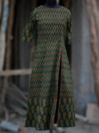 Green Rust Black Yellow Ajrakh Hand Printed Kurta With Front Slit - K60BP071