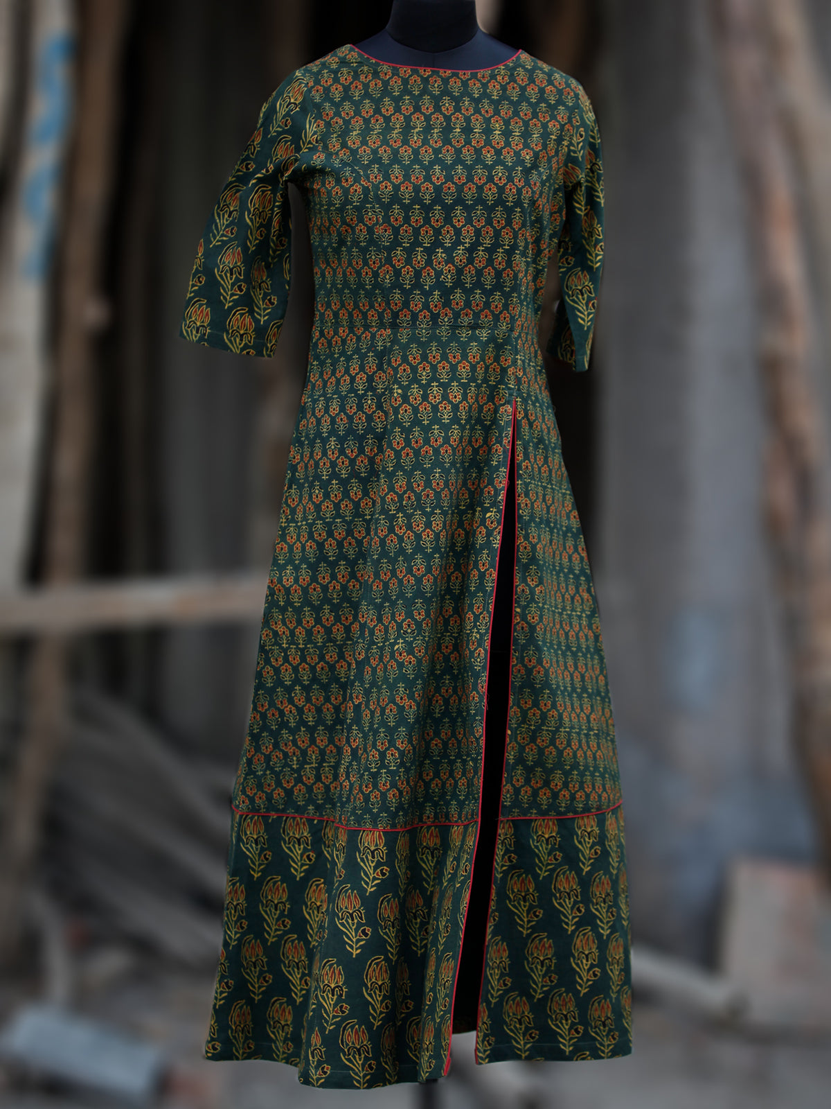 Green Rust Black Yellow Ajrakh Hand Printed Kurta With Front Slit - K60BP071