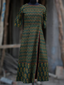 Green Rust Black Yellow Ajrakh Hand Printed Kurta With Front Slit - K60BP071