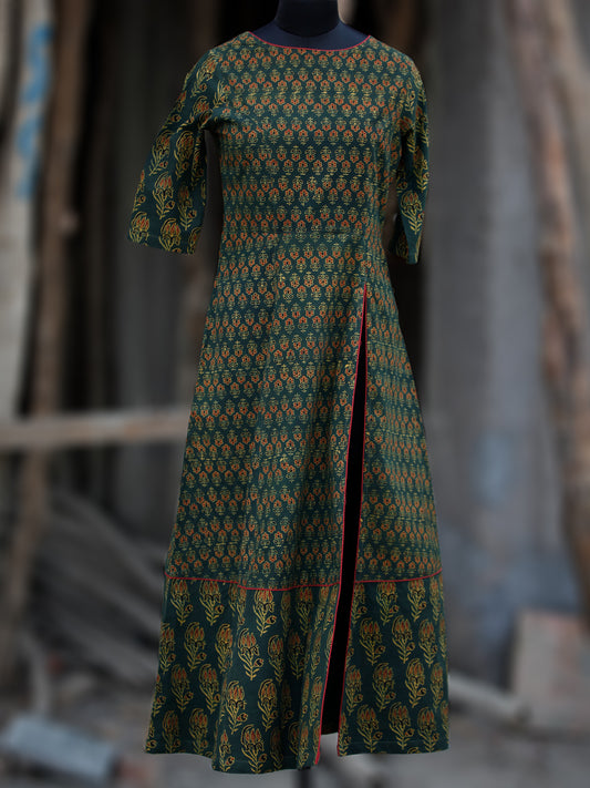 Green Rust Black Yellow Ajrakh Hand Printed Kurta With Front Slit - K60BP071