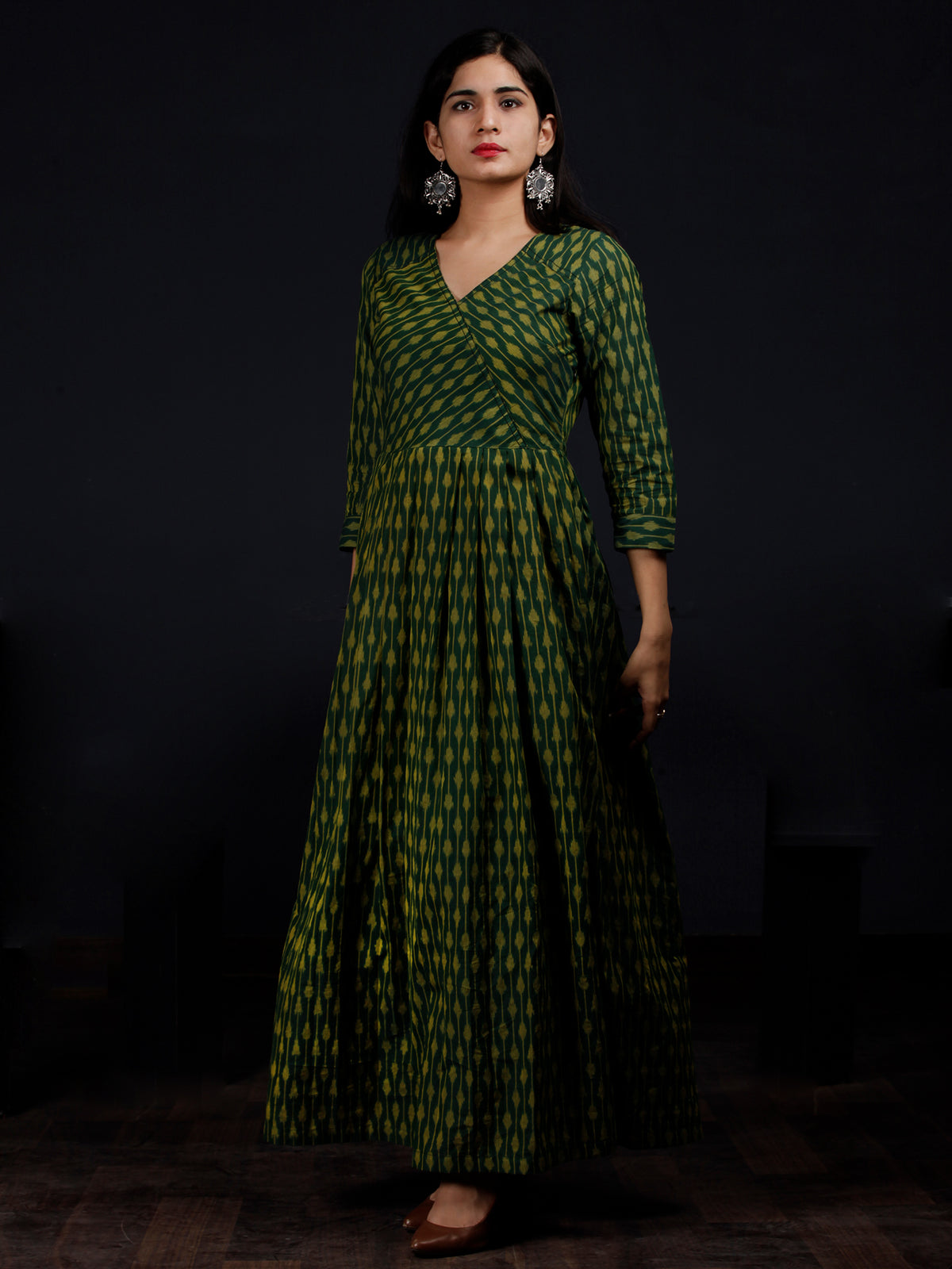Green Yellow Handloom Mercerised Ikat Cotton Long Dress