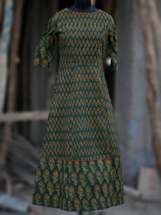 Green Rust Black Yellow Ajrakh Hand Printed Kurta With Front Slit - K60BP071
