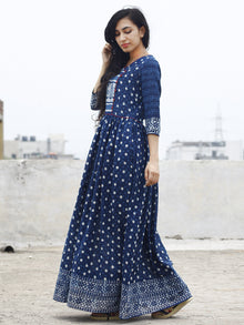 Naaz Indigo Ivory Hand Block Printed Angrakha Dress With Gathers -  DS15F001