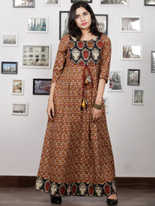 Peanut Brown Beige Maroon Black Hand Block KalamKari Printed Long Cotton Dress With Potli Tassels & side Pocket - D302F1491