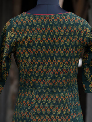 Green Rust Black Yellow Ajrakh Hand Printed Kurta With Front Slit - K60BP071