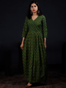Green Yellow Handloom Mercerised Ikat Cotton Long Dress - D317F1568