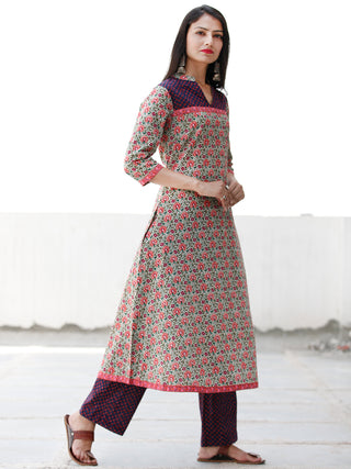 Sage Green Navy Orange Pink Cotton Hand Block Printed Kurta & Pants - Set of 2 - SS01F1863